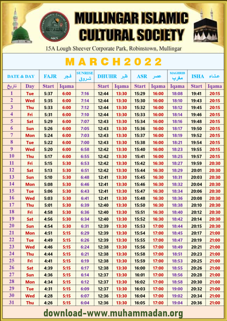 مولینگار میں نمازوں کے اوقات